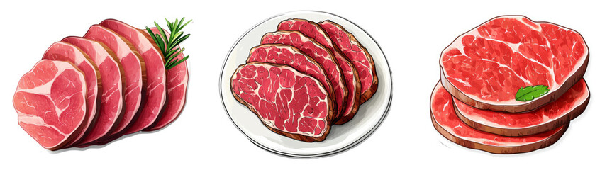 Cuts of steak and beef slices isolated on transparent PNG, great for butcher shop ads and food packaging designs