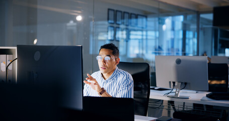 Research, night and computer with business man in office for profit margin report, client review and advisory. Corporate, stakeholder proposal and online with person for investment portfolio