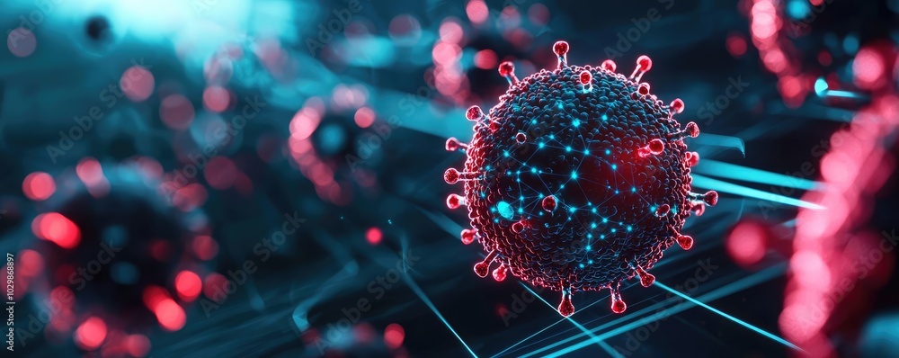 Poster microscopic view of a virus with colorful, intricate details on a dynamic background.