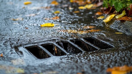 Storm drains filled with water during a heavy rain.