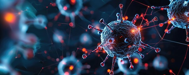 Close-up of virus particles on a dark background with glowing details.