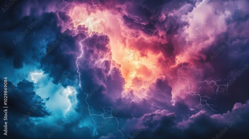 Poster a dramatic view of a thunderstorm with flashes of lightning.