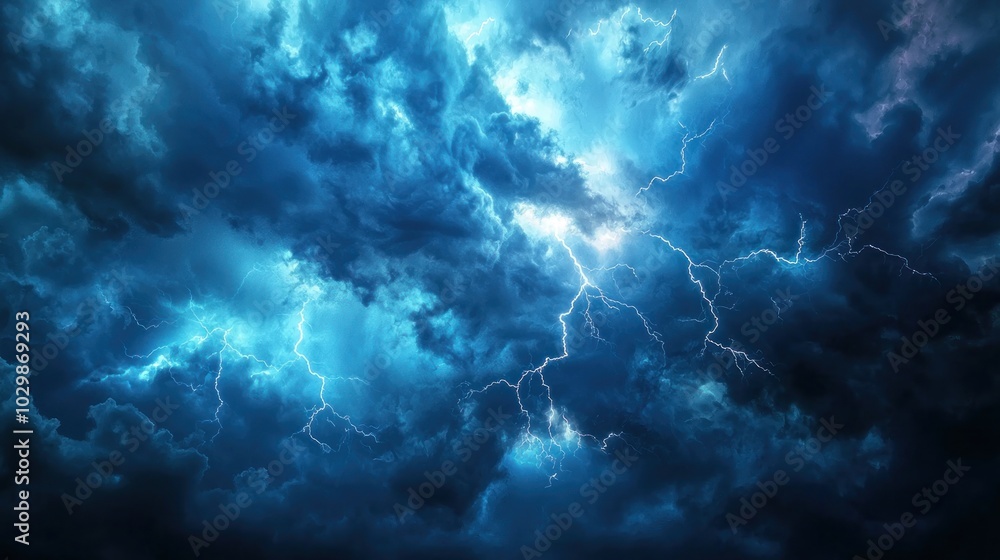 Poster a dramatic view of a thunderstorm with flashes of lightning.