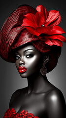 A woman wearing a red flower headdress and red lipstick. The woman is wearing a red dress and has her hair in a bun