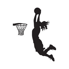 Obraz premium vector silhouette of a female basketball player slam dunk, scoring the ball to the net