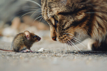 A cat leans in closely to observe a small mouse on the ground, showcasing a moment of curiosity and tension under natural daylight in a peaceful outdoor area