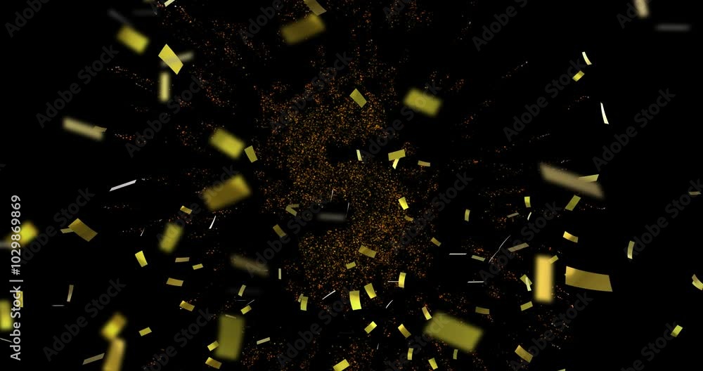 Poster number four made of golden particles with falling confetti animation