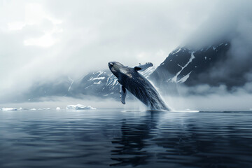 Fototapeta premium Amidst a foggy morning, a humpback whale powerfully breaches the tranquil Arctic waters, showcasing its majestic form against towering, snow-capped mountains