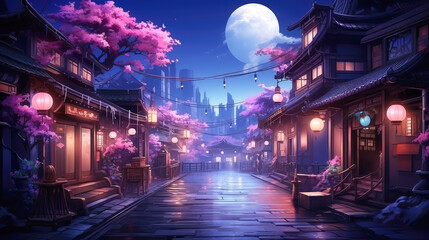 generated illustration of anime comic artstyle of japanese village city town in the evening