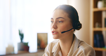 Call center, face and remote work with woman agent in home office for consulting or telemarketing....