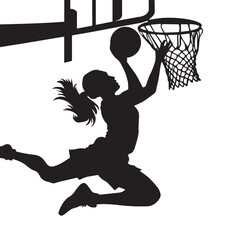 vector silhouette of a female basketball player slam dunk, scoring the ball to the net