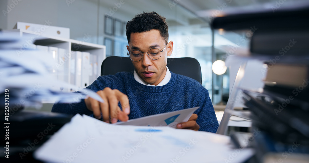 Poster documents, reading and report with business man in office for administration, review or strategy. ac