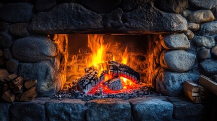 Crackling fire illuminating a rustic fireplace set against a stone wall evoking a warm and cozy atmosphere