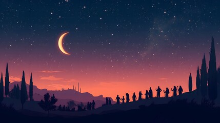 the crescent moon and stars shining