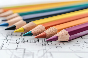 Naklejka premium Architectural plans with a set of colored pencils for zoning
