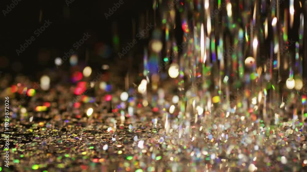 Poster falling glitter particles over sparkling animation, multicolored background