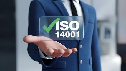 A businessman holding a small transparent block with a green checkmark and 'ISO 14001' written on it. ISO 14001 certified, iso 14001 environmental management system.
