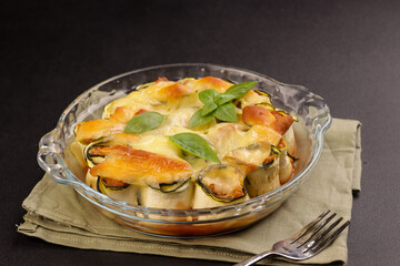Zucchini Lasagna Rolls Stuffed with Meat Baked in Tomato Sauce