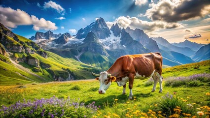 Beautiful Dairy Cow in the Mountains - Serene Alpine Landscape with Majestic Peaks, Lush Green Pastures, and a Peaceful Cow Grazing Under Bright Blue Skies