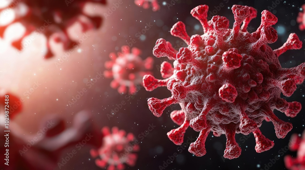 Poster microscopic view of virus particles on a dark background with red accents.