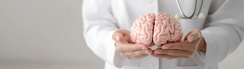 A doctor holding a human brain in hands, on a white background.