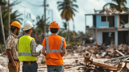 A team assessing damage in a natural disaster-affected area.