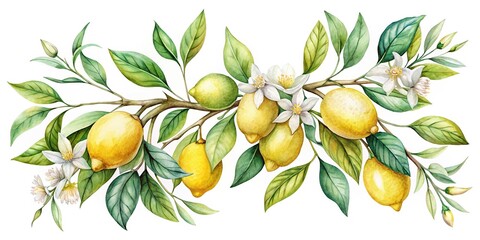 Watercolor painting of lemon branches with leaves and flowers on white background