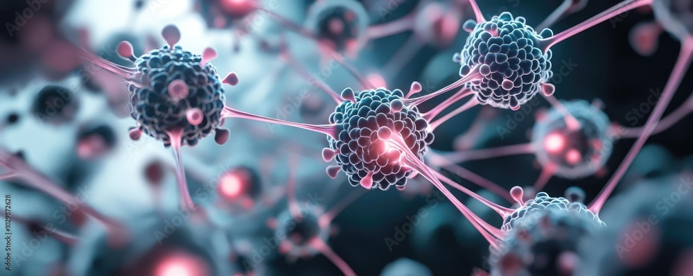 Poster close-up of interconnected cells with glowing details on a dark background.