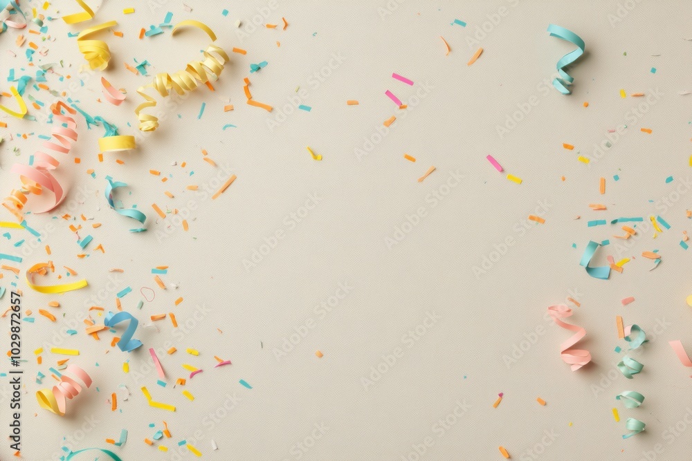 Poster vibrant confetti and streamers on minimalist background with copy space