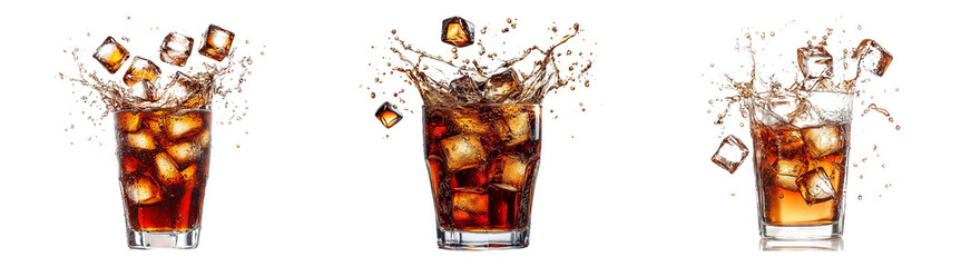 Glasses of cola with ice cubes isolated on transparent PNG, perfect for beverage ads and drink packaging designs