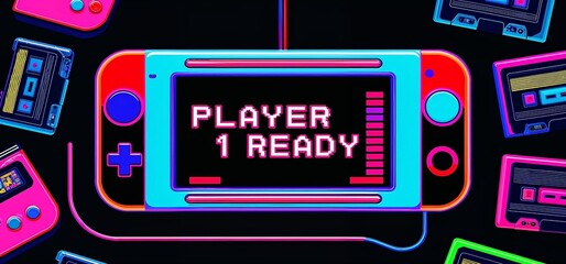 Obraz premium A retro gaming console with a “Player 1 Ready” message, styled with bold, neon colours