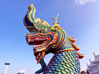 Naga King with Buddha Statue Beautiful Naga Statue, chinese dragon statue in temple, Thai dragon or serpent king statue