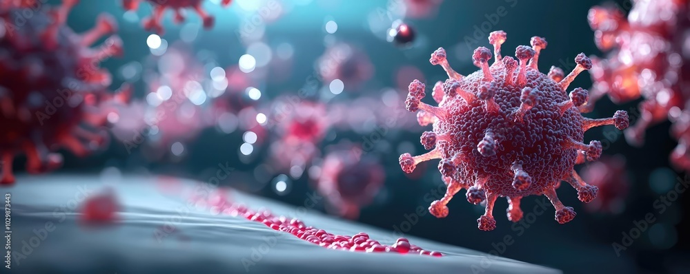 Poster 3d rendering of virus cells floating in a microscopic world.