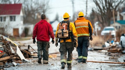 First responders assessing damage and providing aid after a disaster.