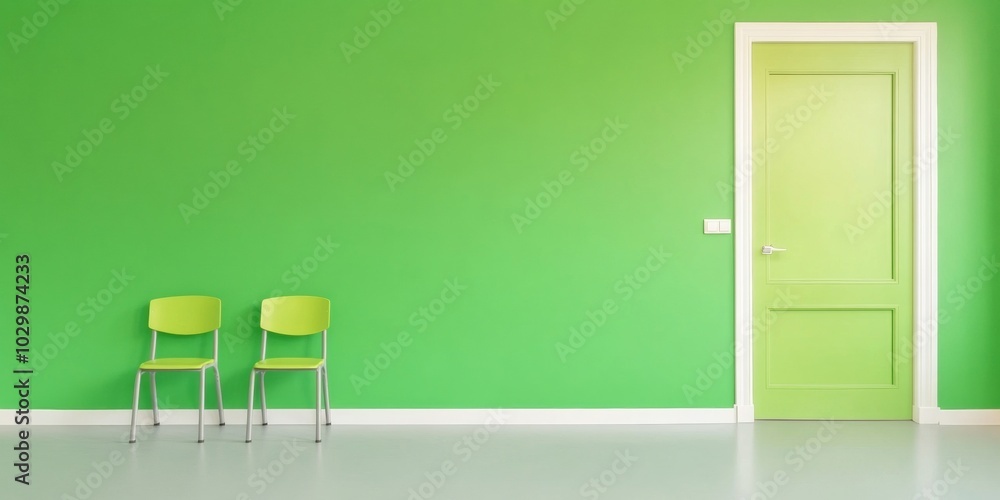 Poster minimalist classroom with green walls and matching chairs