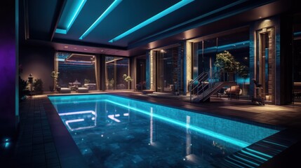 Indoor Swimming Pool with Blue Lighting