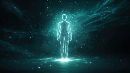 A glowing silhouette of a human figure surrounded by ethereal light and cosmic particles, evoking a sense of mysticism and energy.