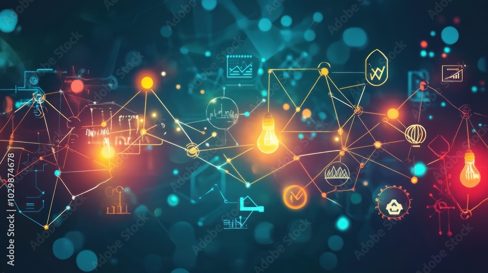Poster abstract network of connected digital icons and glowing light bulbs on a dark background.
