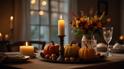 Cozy Thanksgiving Table Setting With Candles and Autumn Decor