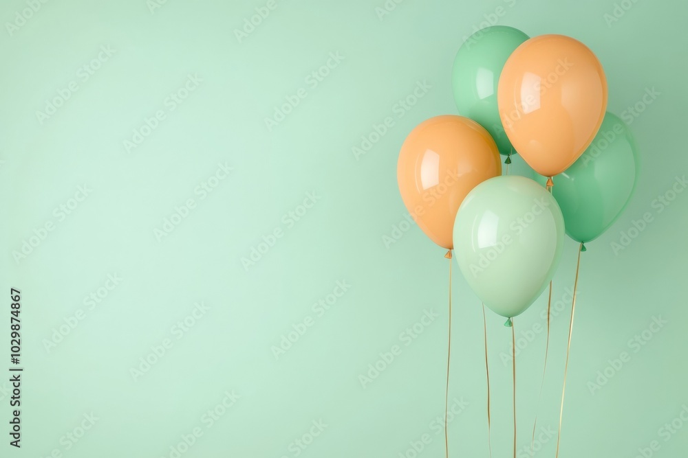 Poster pastel balloons on light green background with minimal style and empty space in the center