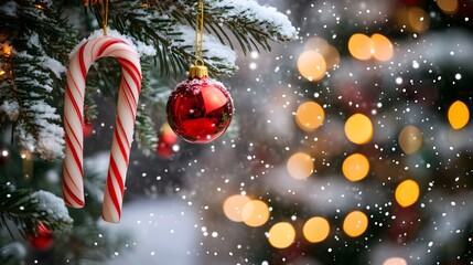 Candy canes and colorful Christmas ornaments