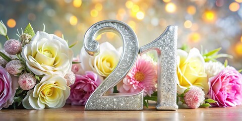 Elegant 21st Birthday Card Design with Sparkling Silver Numbers and Floral Accents for Celebrations, Invitations, and Greetings â€“ Perfect for Milestone Birthdays, Customizable Templates