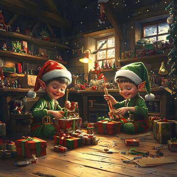 Cheerful elves working in Santa&rsquo;s workshop