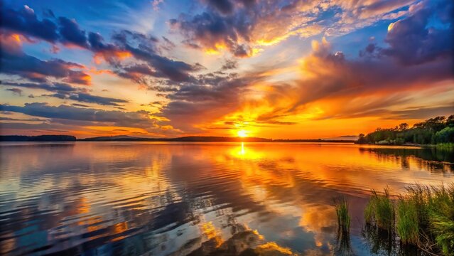 Tragic sunset over lake with beautiful colors