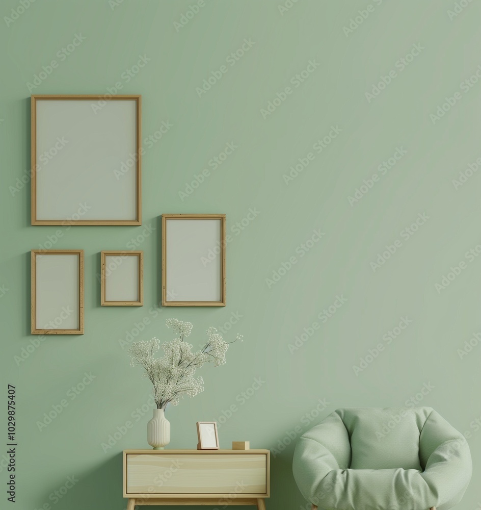 Wall mural green sage color sofa with blank frame mockup on green wall