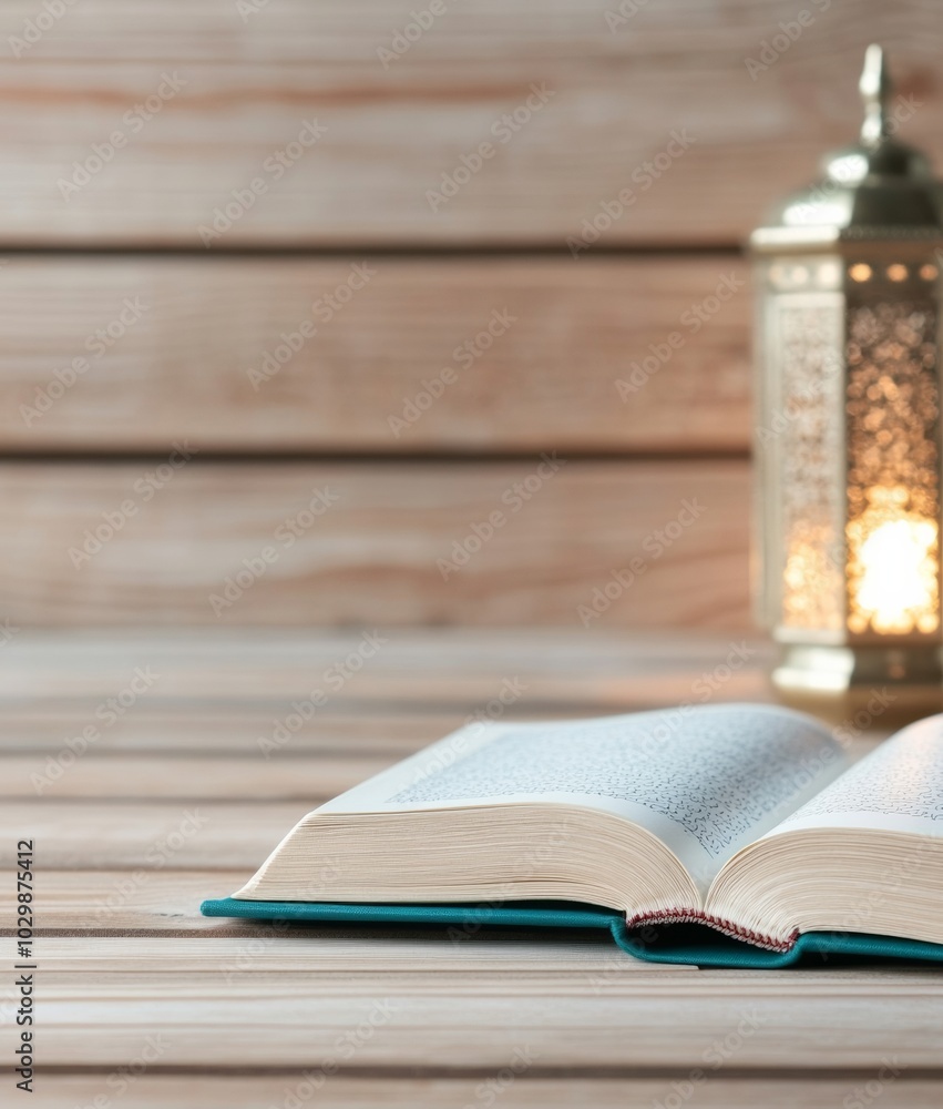 Aufkleber Lantern-Lit Desk with Open Book and Ramadan Lantern in Serene Evening Study Setting