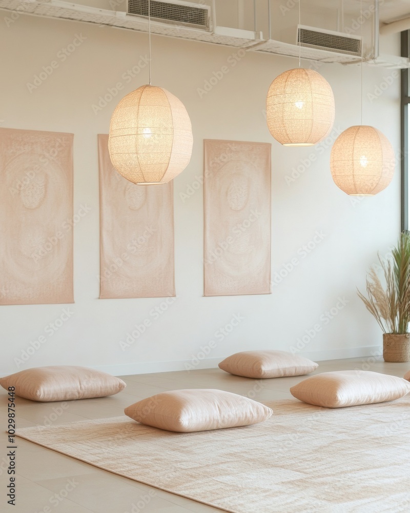 Poster modern minimalist office space with zen decor and soft lighting for a tranquil workspace