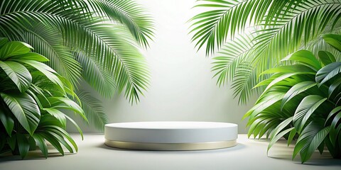 Obraz premium Elegant Empty Podium Surrounded by Tropical Palm Leaves for Cosmetic Advertising, Advertising Space for Text and Products, Light Background Ideal for Marketing and Branding