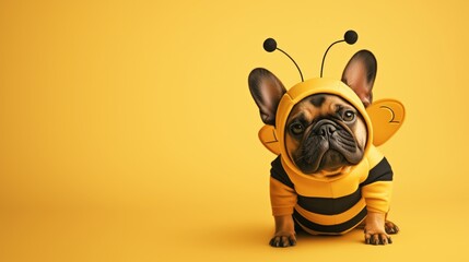 French bulldog in a halloween bee costume. Cute, funny, grumpy dogs dressed as bee. Holiday festive creative pet animal fashion character wallpaper, humorous cartoon greeting card, copy space.