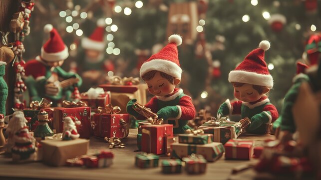 Cheerful elves working in Santa&rsquo;s workshop